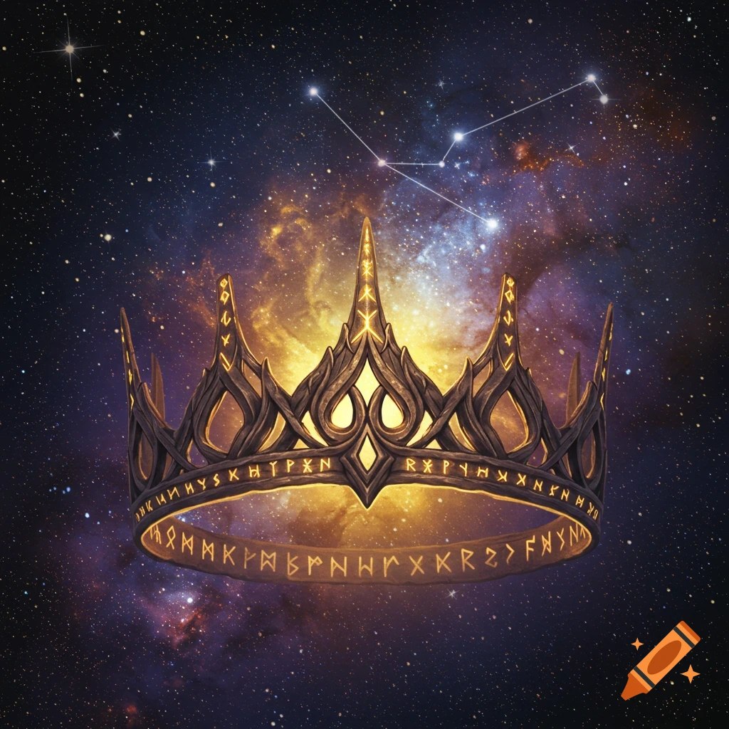 A dark, detailed crown adorned with glowing runes sits against a vibrant cosmic background of stars and a constellation.