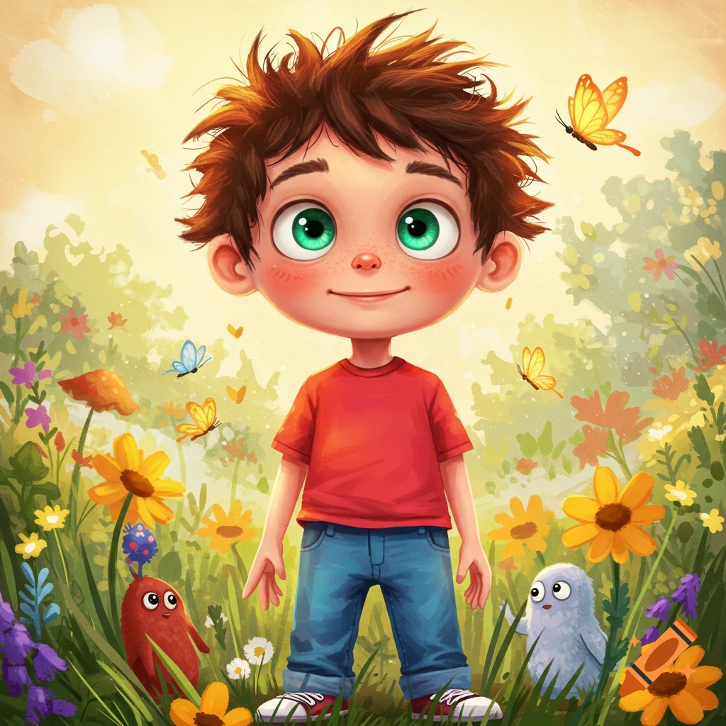 Cartoon boy with big eyes in a sunny field with flowers, butterflies, and small creatures