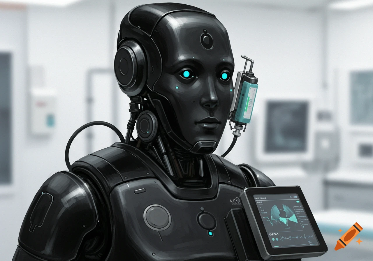A detailed portrait of a black robot with glowing blue eyes in a healthcare setting, holding a screen.
