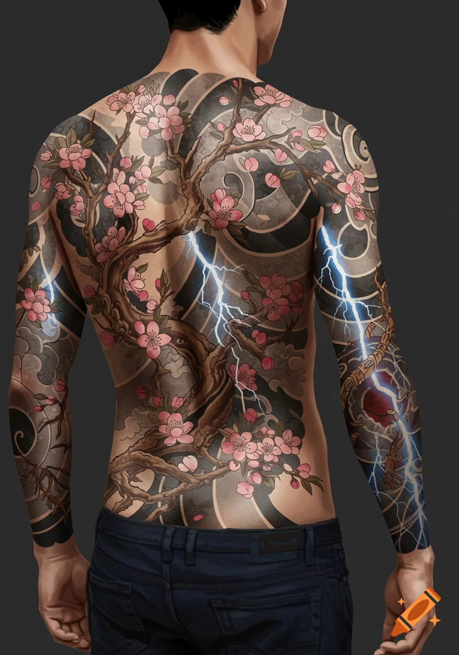 Back and arms covered in a Japanese-style tattoo featuring a blossoming tree, lightning, and swirling clouds.