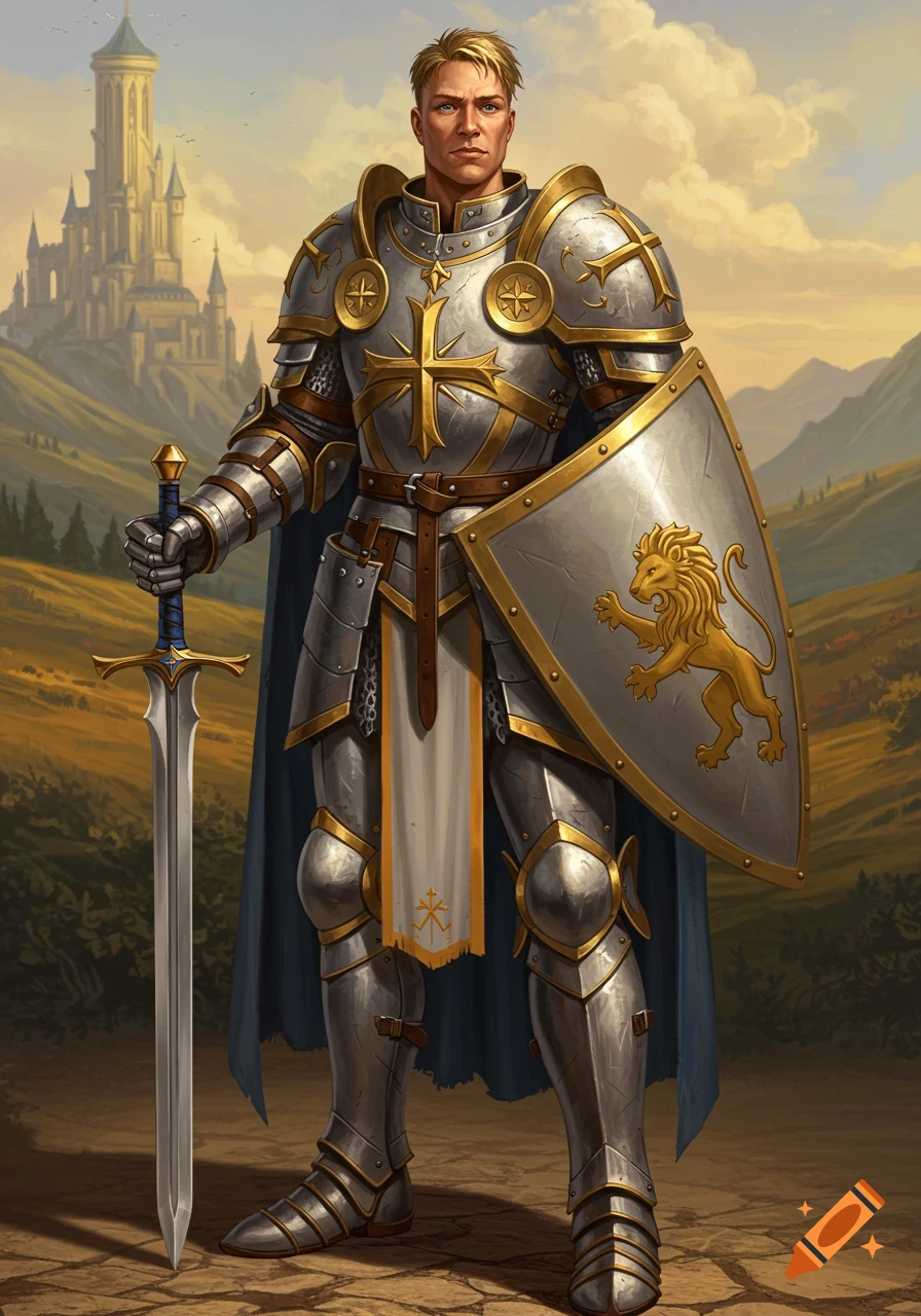 A human paladin in full silver and gold armor stands holding a sword ...