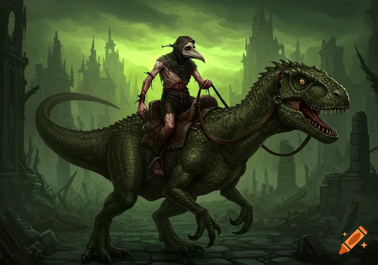 Plague doctor riding a dinosaur through ruins in a dark green landscape.