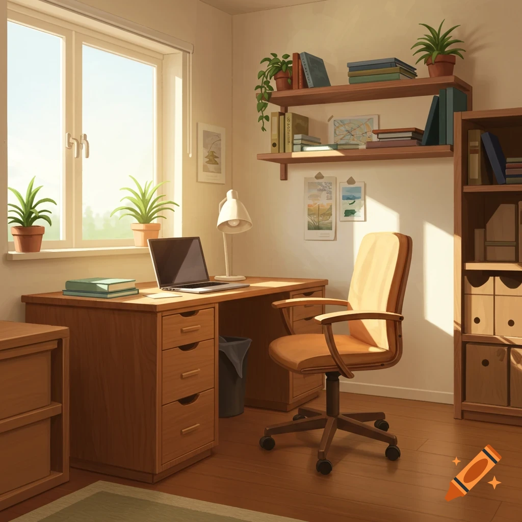 A sunlit home office with a wooden desk, chair, laptop, plants, and bookshelves.