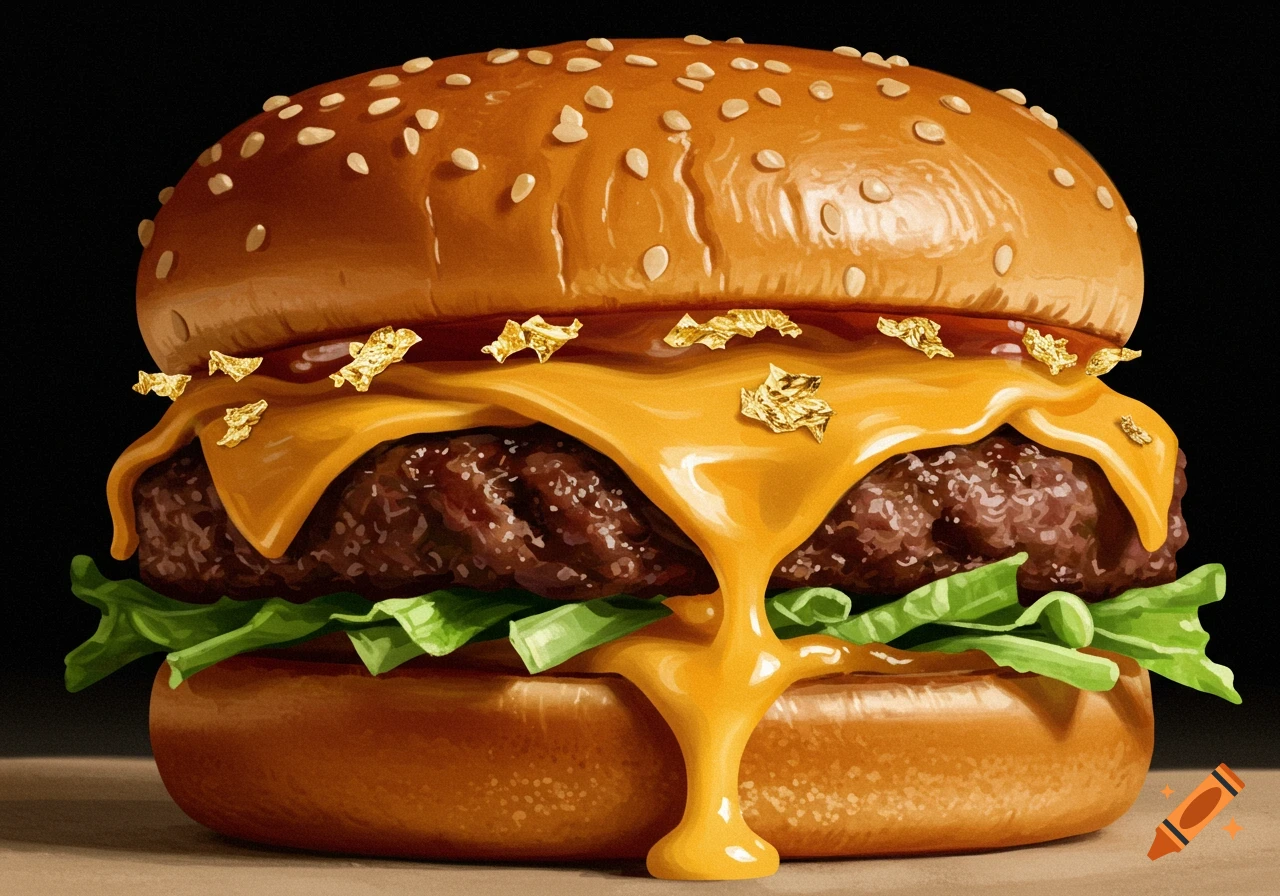 A burger with gooey melted cheese dripping and gold flakes on top.