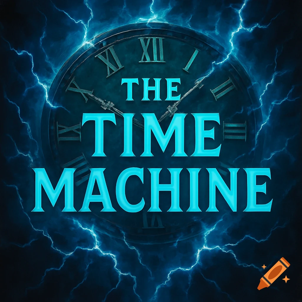 A clock face surrounded by blue lightning with the words 'THE TIME MACHINE' in cyan letters.