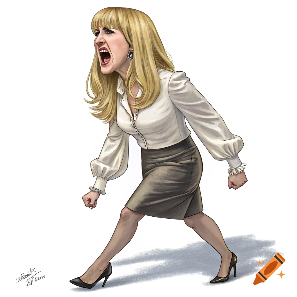 Caricature of a blonde woman in business attire shouting.