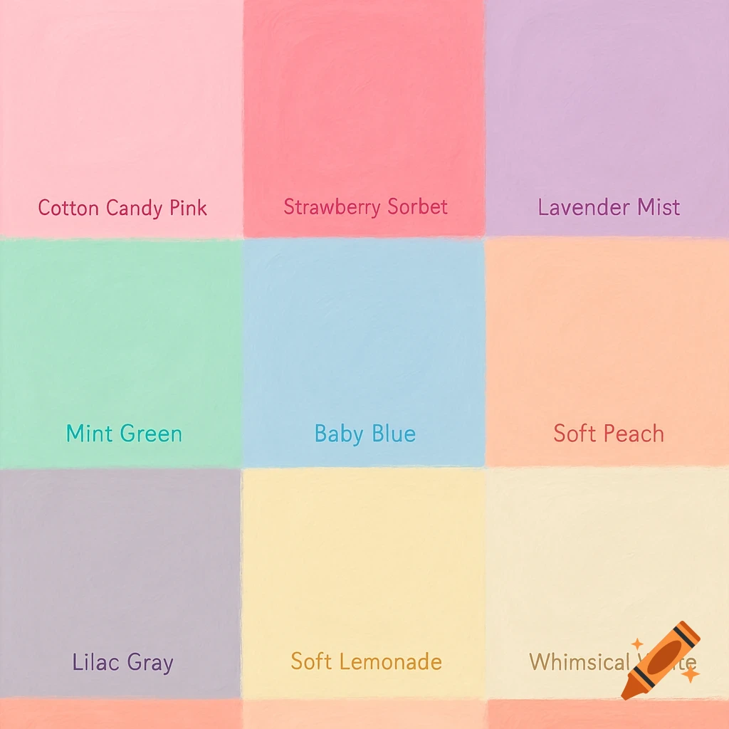 A grid of nine pastel colored squares with labels like Cotton Candy Pink, Mint Green, and Baby Blue.