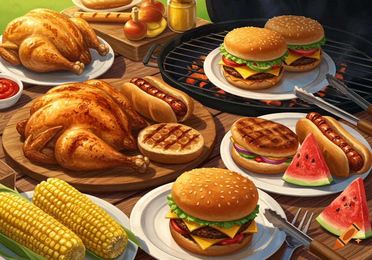 Grilled food spread including chicken, burgers, hot dogs, corn, and watermelon on a table.