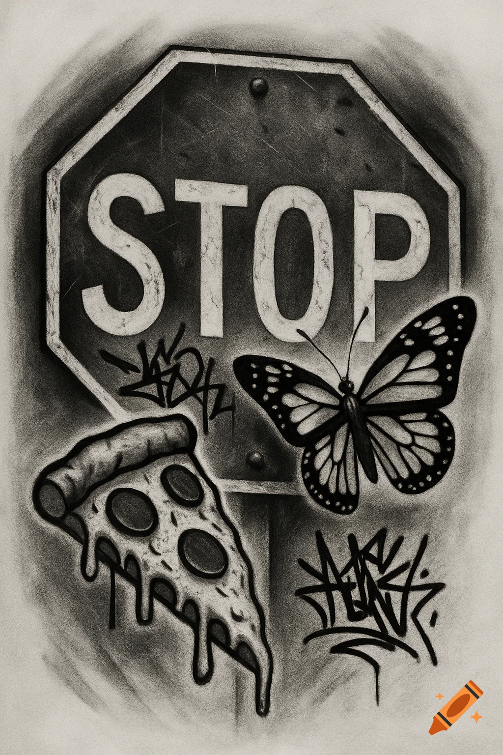 Black and white tattoo drawing of a stop sign with pizza, butterfly, and graffiti.