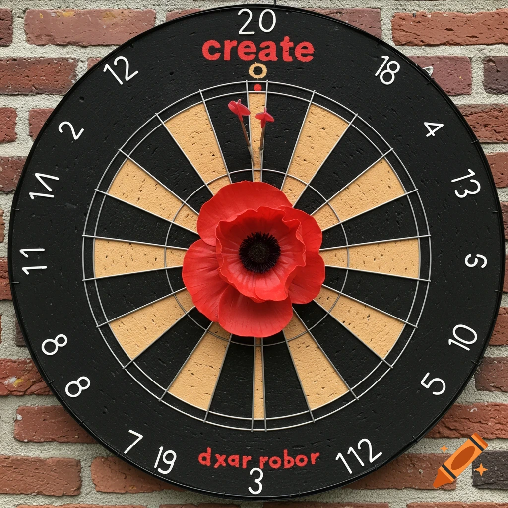 Photorealistic image of a dartboard with a poppy in the center, two darts stuck near the bullseye