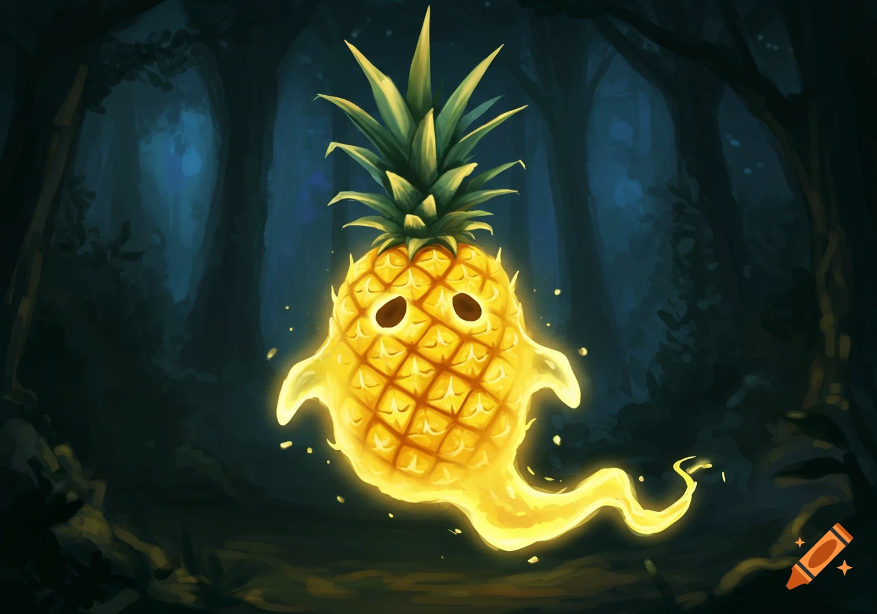 A glowing pineapple shaped like a ghost floats in a dark forest. Illustration.