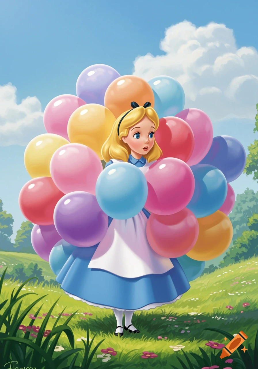Alice holding many colorful balloons in a field, painted style.
