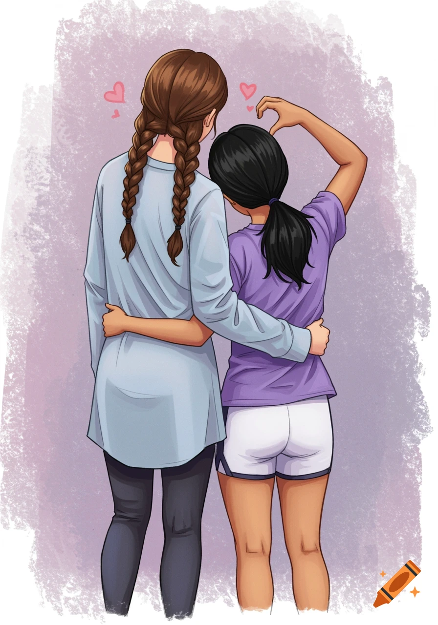 A drawing shows the backs of two girls. One with braids, one with a ponytail. They have their arms around each other and make a heart shape with their hands.