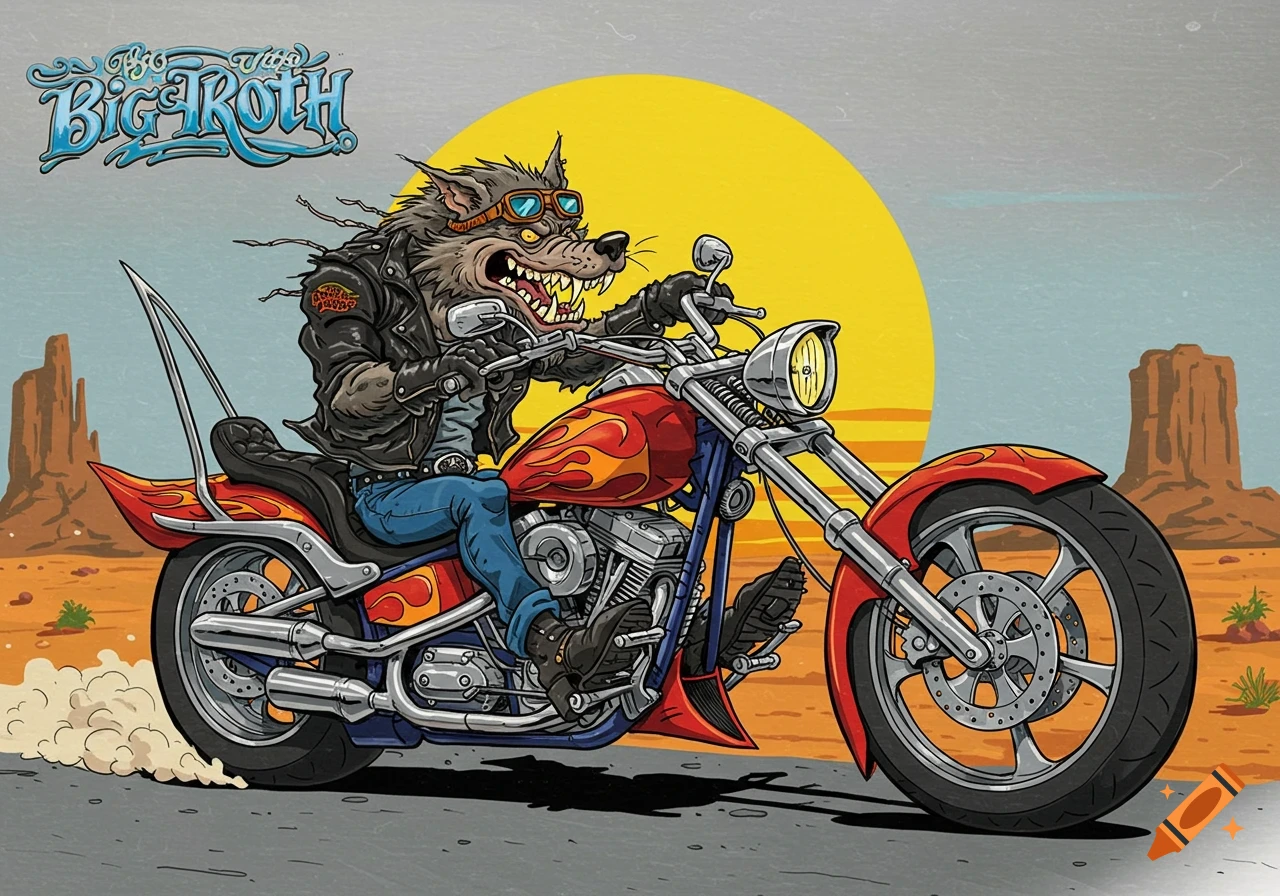 Cartoon werewolf in a leather jacket riding a motorcycle through a desert landscape in the style of Big Daddy Roth.