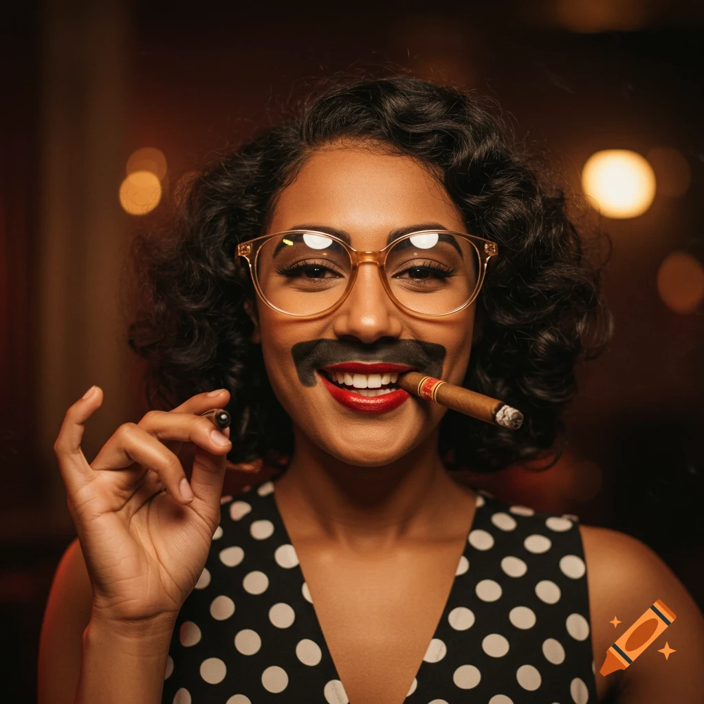 Woman with fake mustache, glasses, and cigar in a polka dot dress