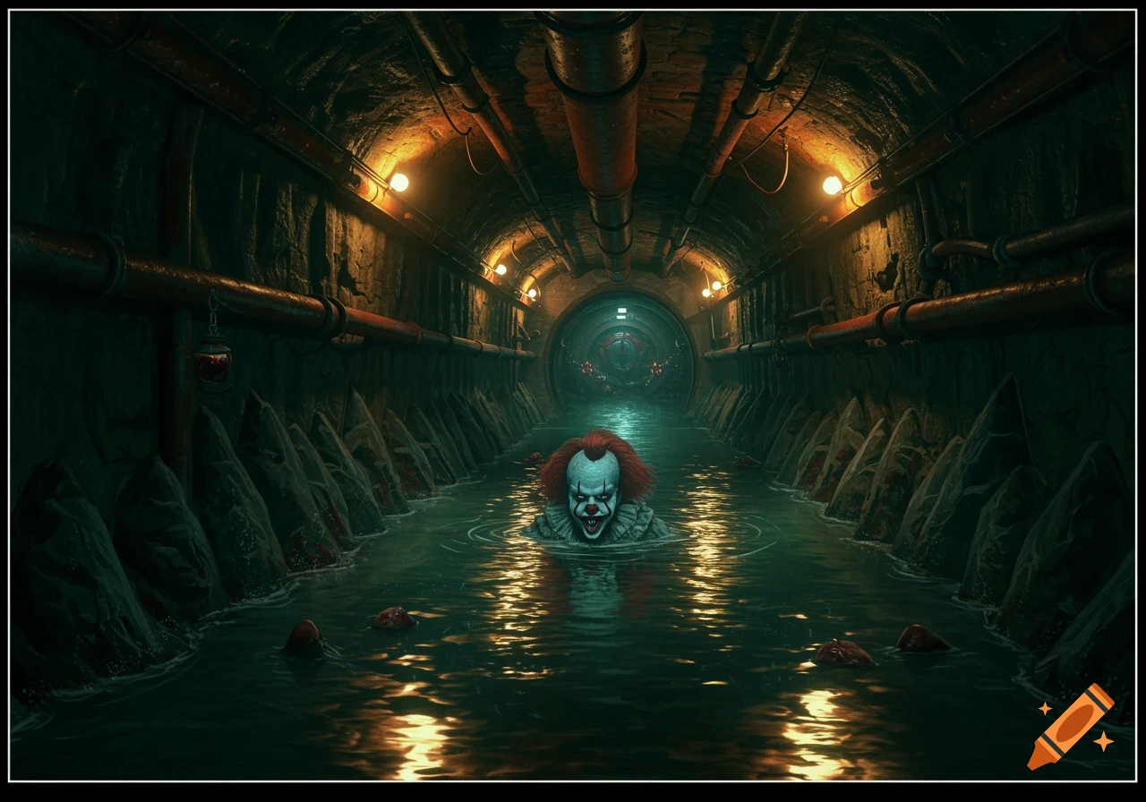 Pennywise the clown in a dark, flooded sewer tunnel