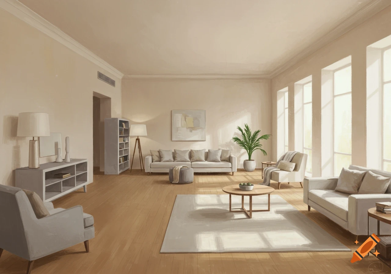 A sunlit living room with sofas, armchairs, a coffee table, a bookshelf, and large windows.