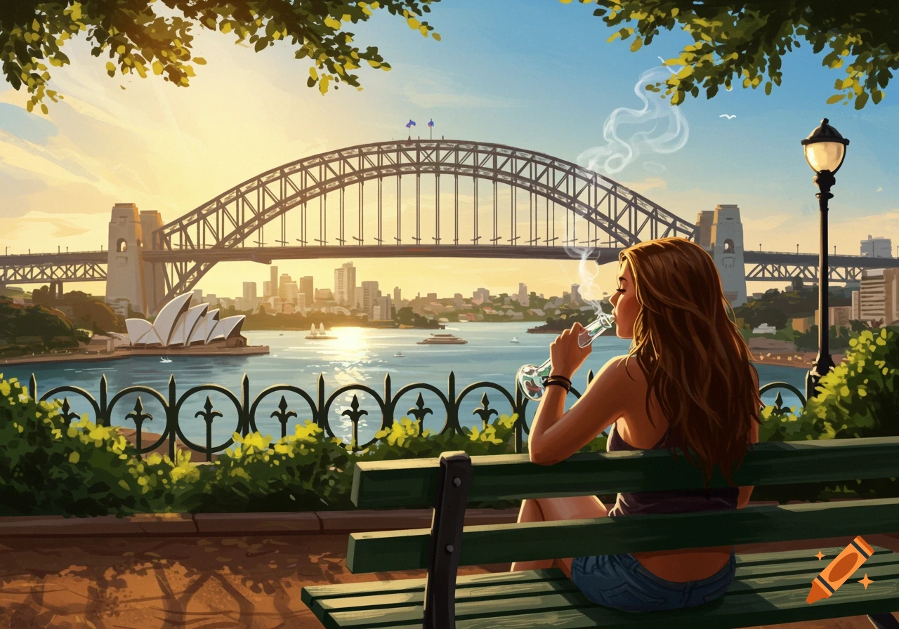 A woman sits on a park bench, smoking from a bong in front of the Sydney Harbour Bridge and Opera House at sunset.