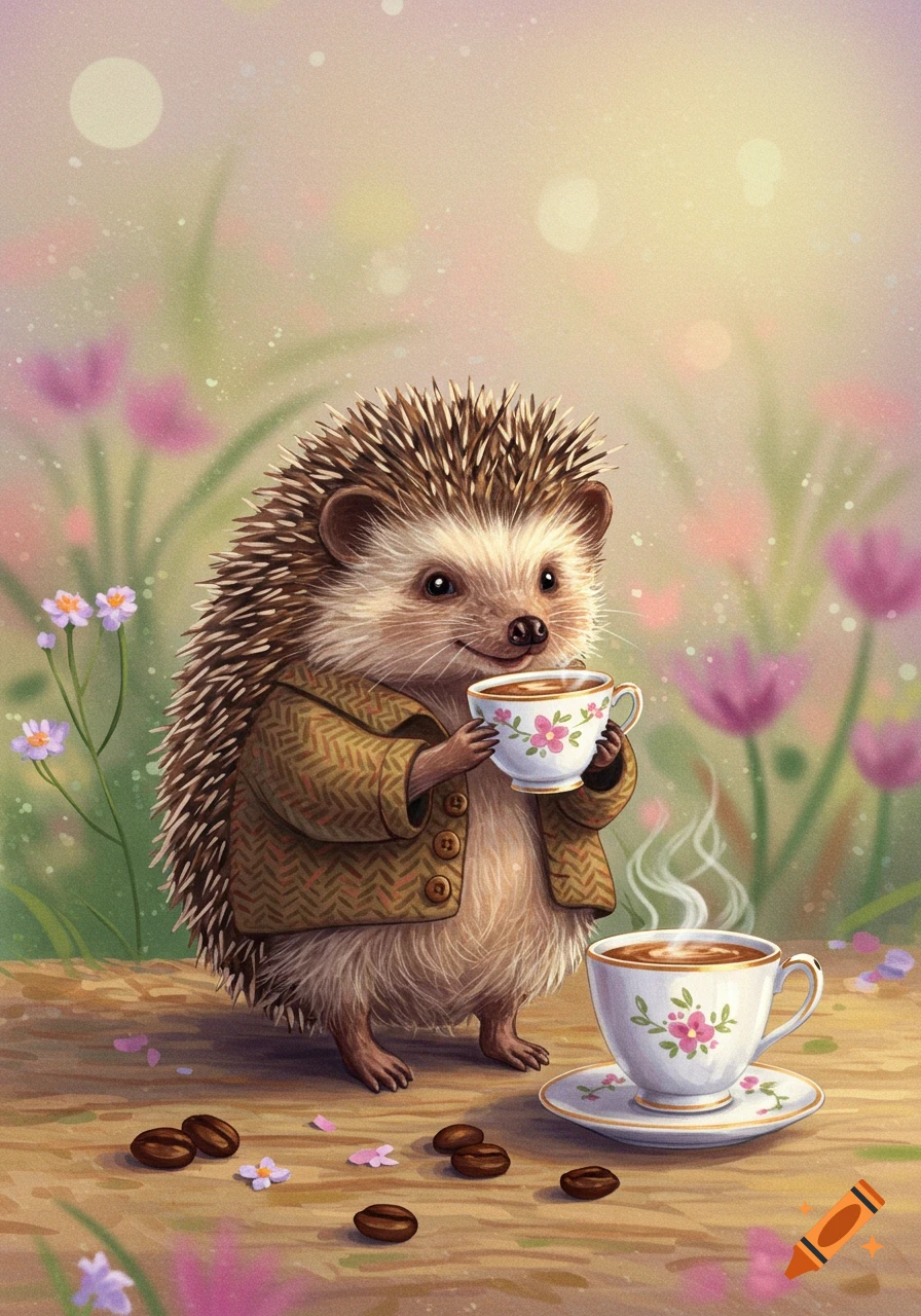 An illustrated hedgehog in a jacket holds a teacup next to coffee beans.