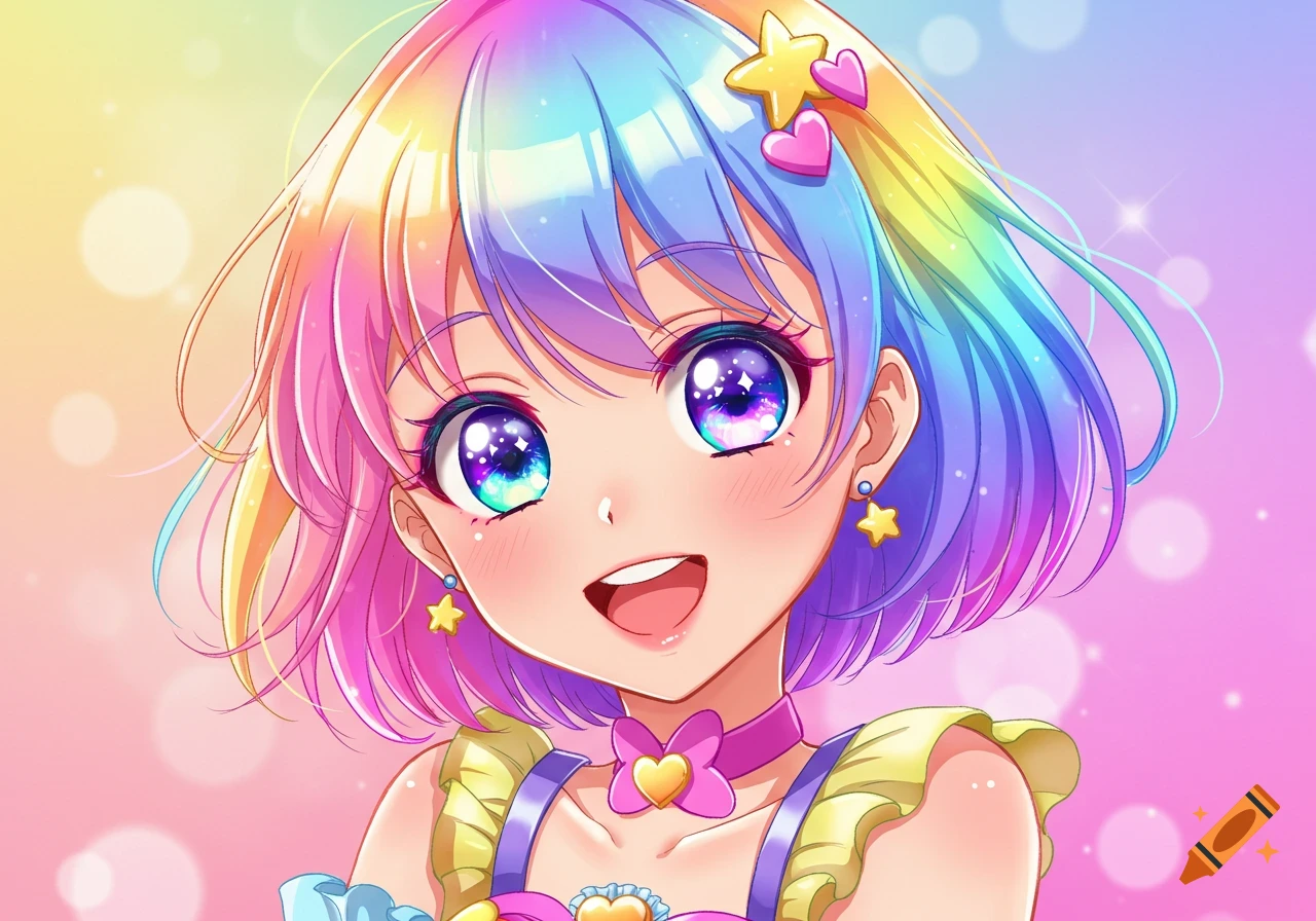 Anime portrait of a girl with short rainbow hair and large sparkling eyes