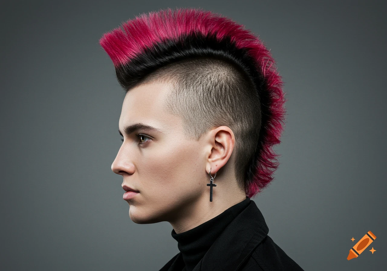 Side profile portrait of a person with a pink and black mohawk and a cross earring against a grey background.
