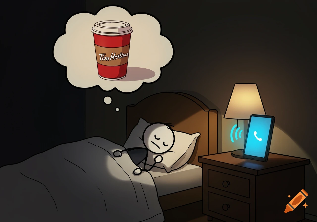 Illustration of a stick person sleeping in bed, dreaming of a Tim Hortons coffee cup, while their phone rings on a nightstand.