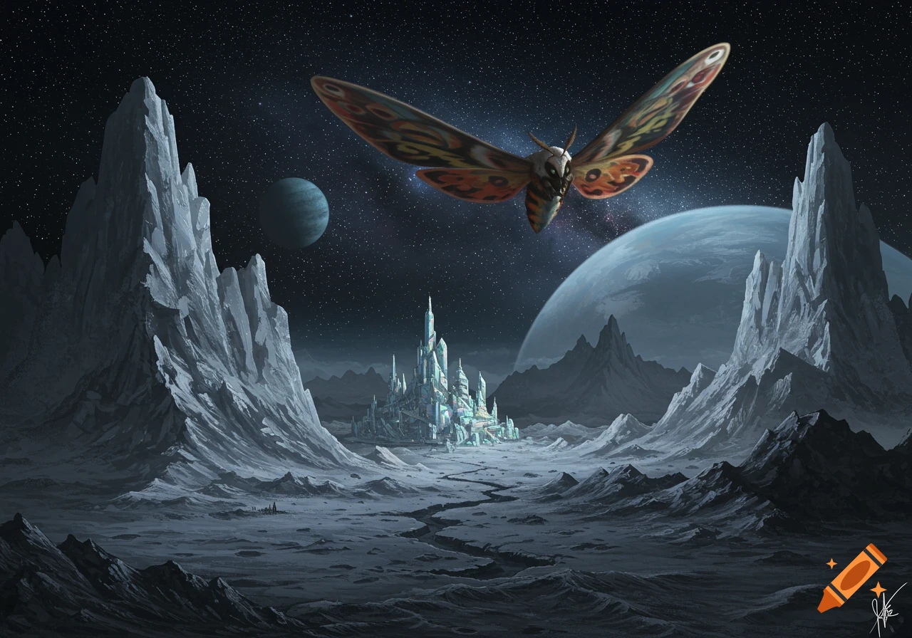 A giant moth creature flies over a futuristic city on a moonscape ...
