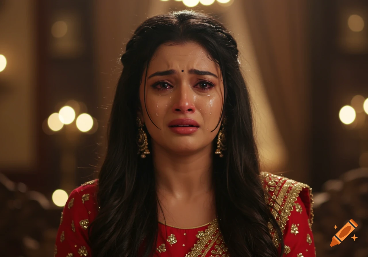 Close up of a woman in red Indian outfit crying in a film scene