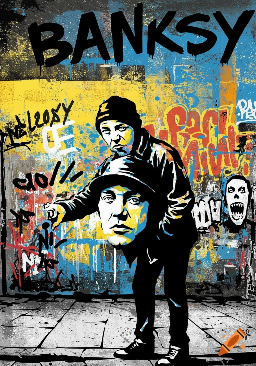 Street art style graffiti on a wall featuring a figure tagging with faces and text 'BANKSY'
