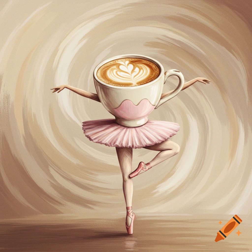 Digital painting of a cappuccino cup with arms and legs performing a ballet pirouette in a swirling brown background.