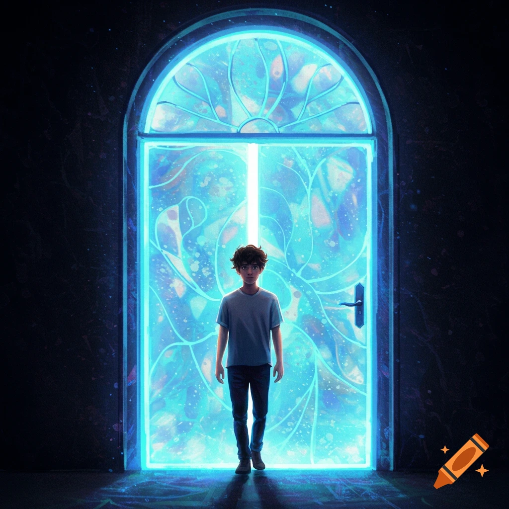A person stands before a bright blue glowing arched doorway in a dark room.