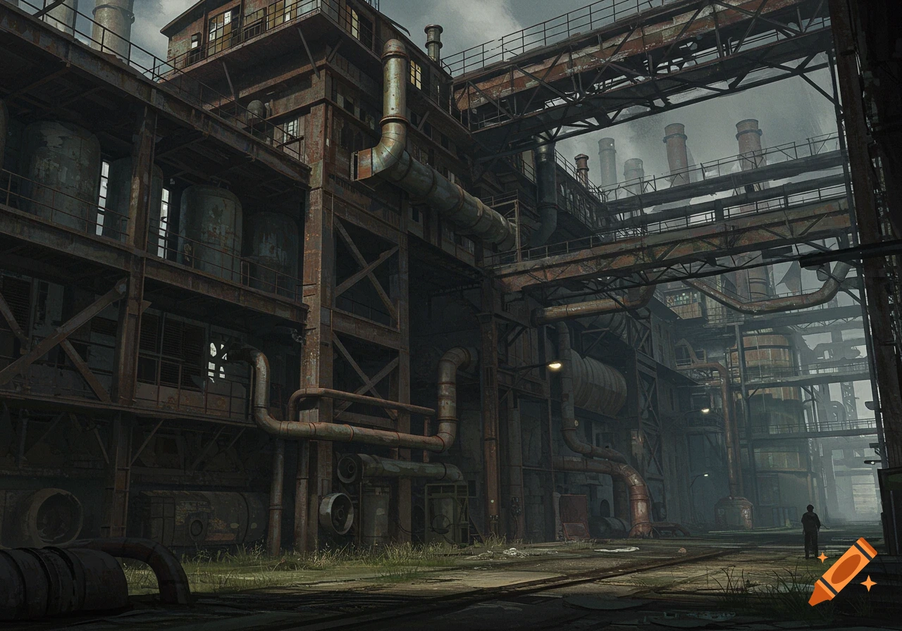 Concept art of a large, rusty industrial building with pipes, smokestacks, and a lone figure in the distance.