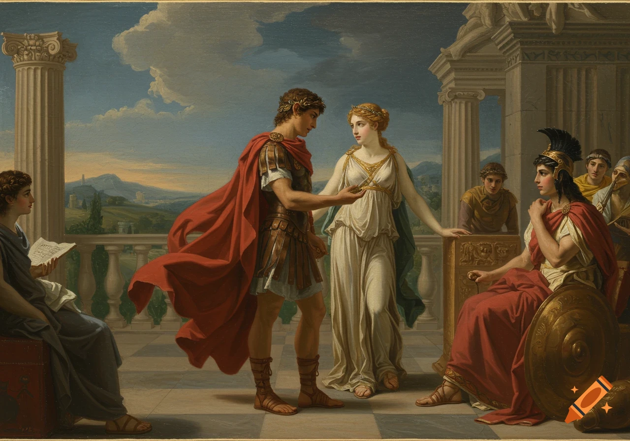 Oil painting of people in ancient attire on a balcony.