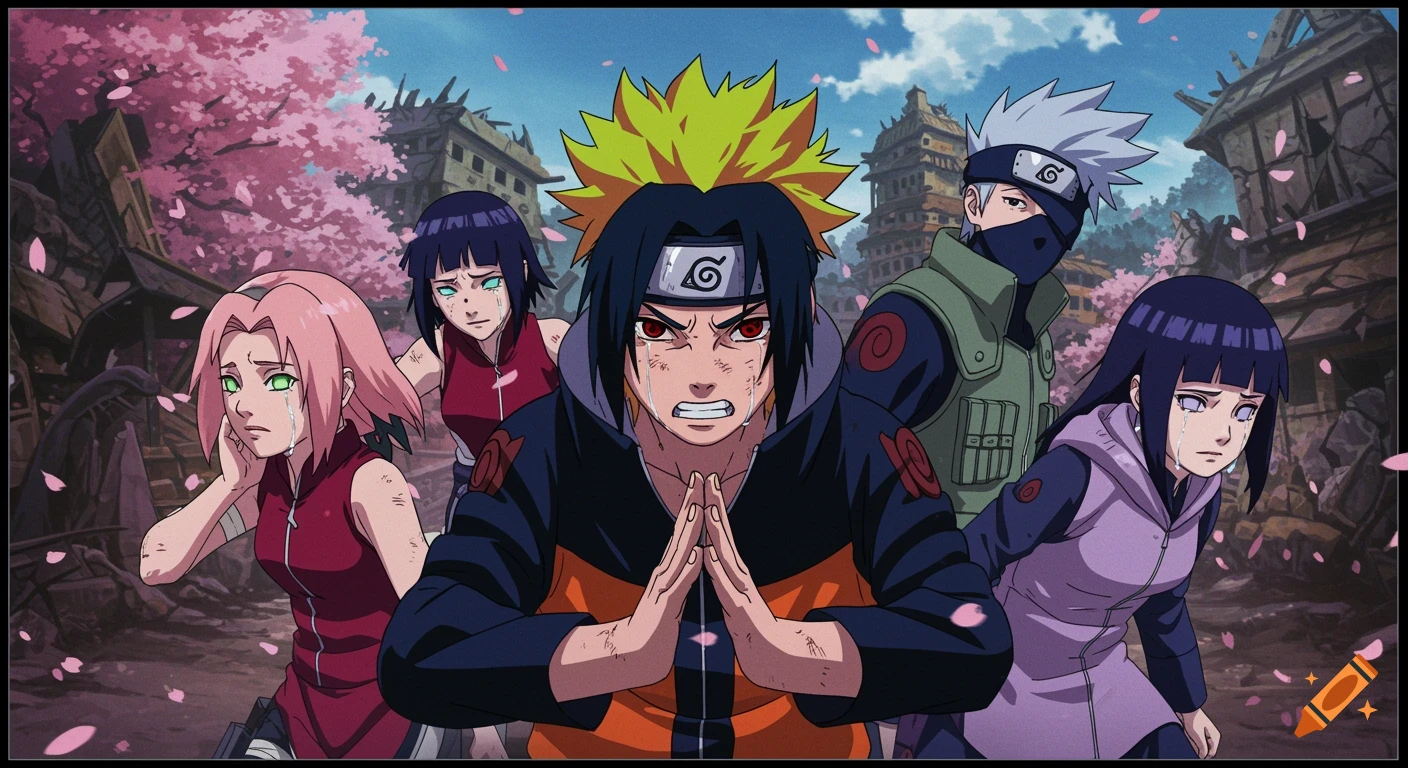 Naruto, Sasuke, Sakura, Kakashi, and Hinata crying in a ruined village with cherry blossoms.