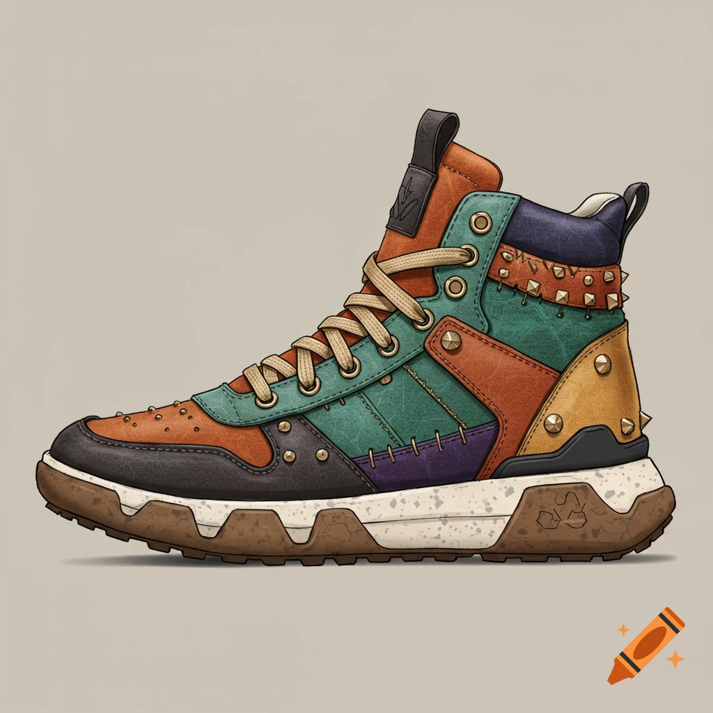 Colorful high-top sneaker with studs, stitching, and mixed materials on a plain background.