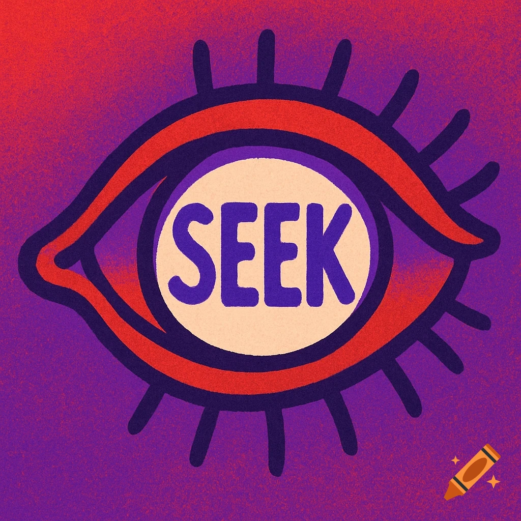 Cartoony illustration of a stylized eye in red and purple with the word "SEEK" inside.