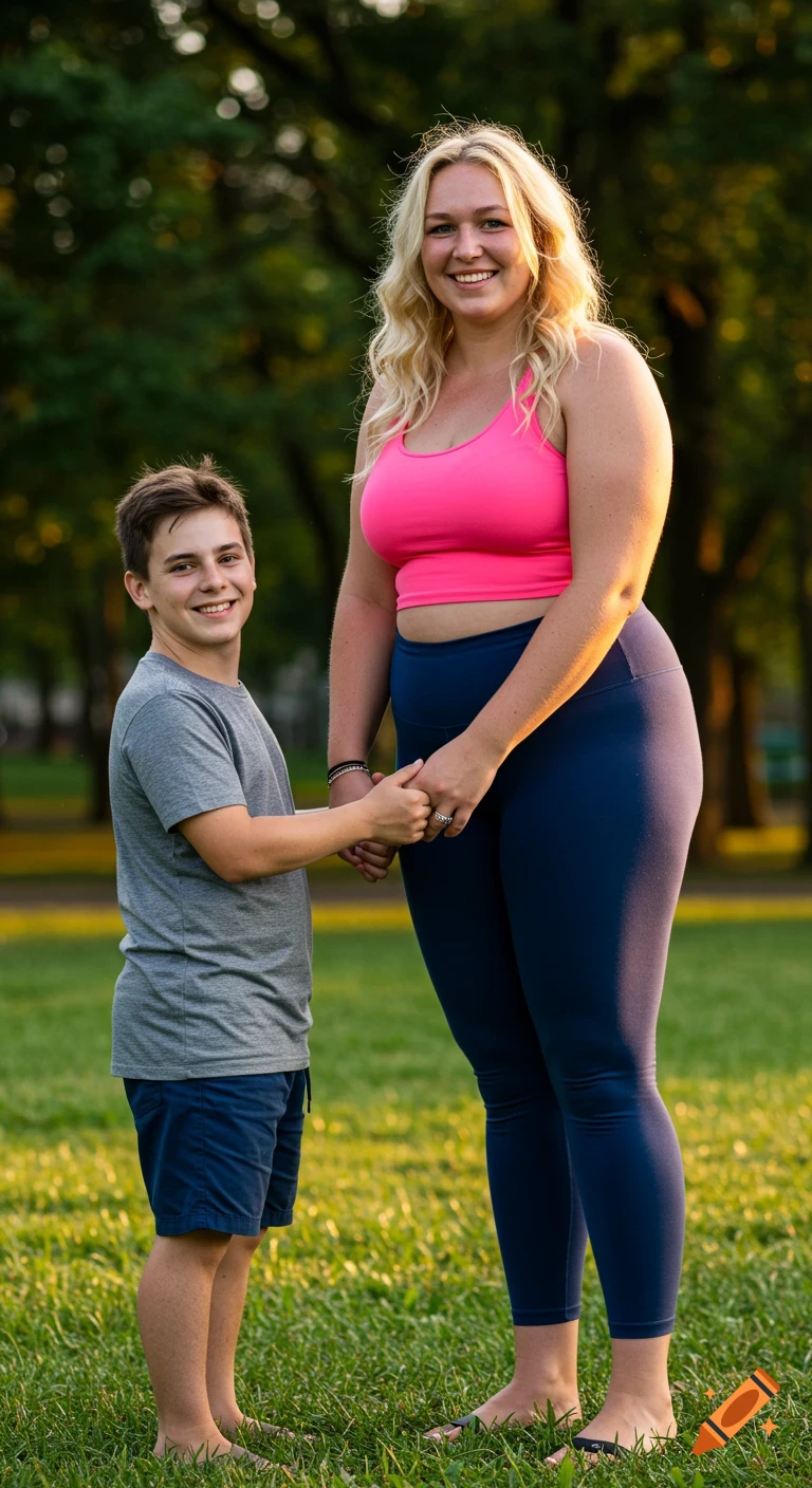 A young man holds hands with a much taller woman in a park at sunset.