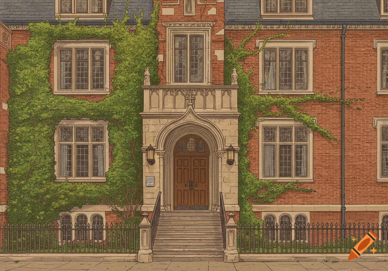 Illustration of a red brick building facade with a grand entrance, steps, fence, and climbing ivy.