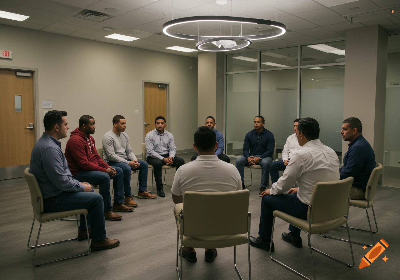 Group of men sitting in a circle in a room