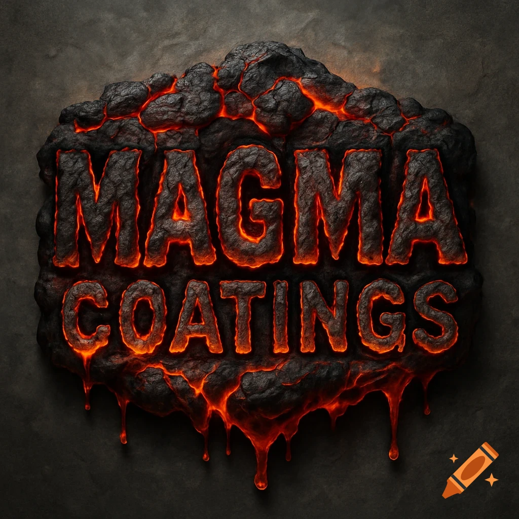 Logo text 'MAGMA COATINGS' made of dark rock with glowing lava cracks and drips.