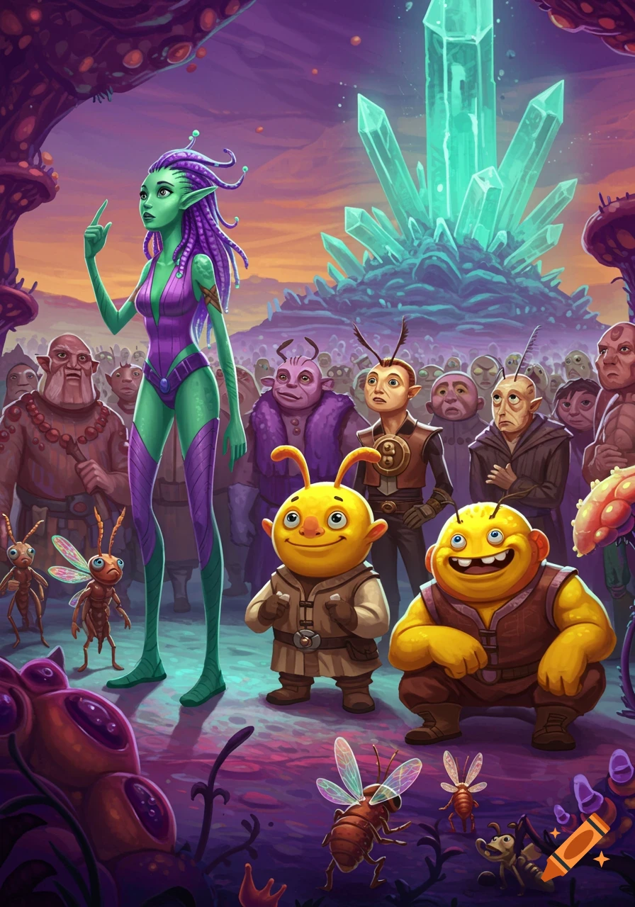 Illustration of diverse alien creatures and a giant crystal on a purple alien world.