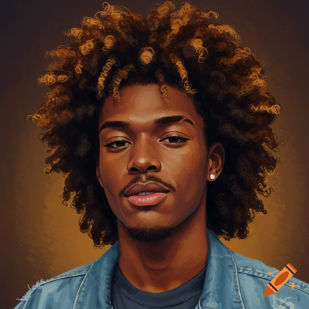 Portrait of a Black man with curly hair wearing a denim jacket, painted style.