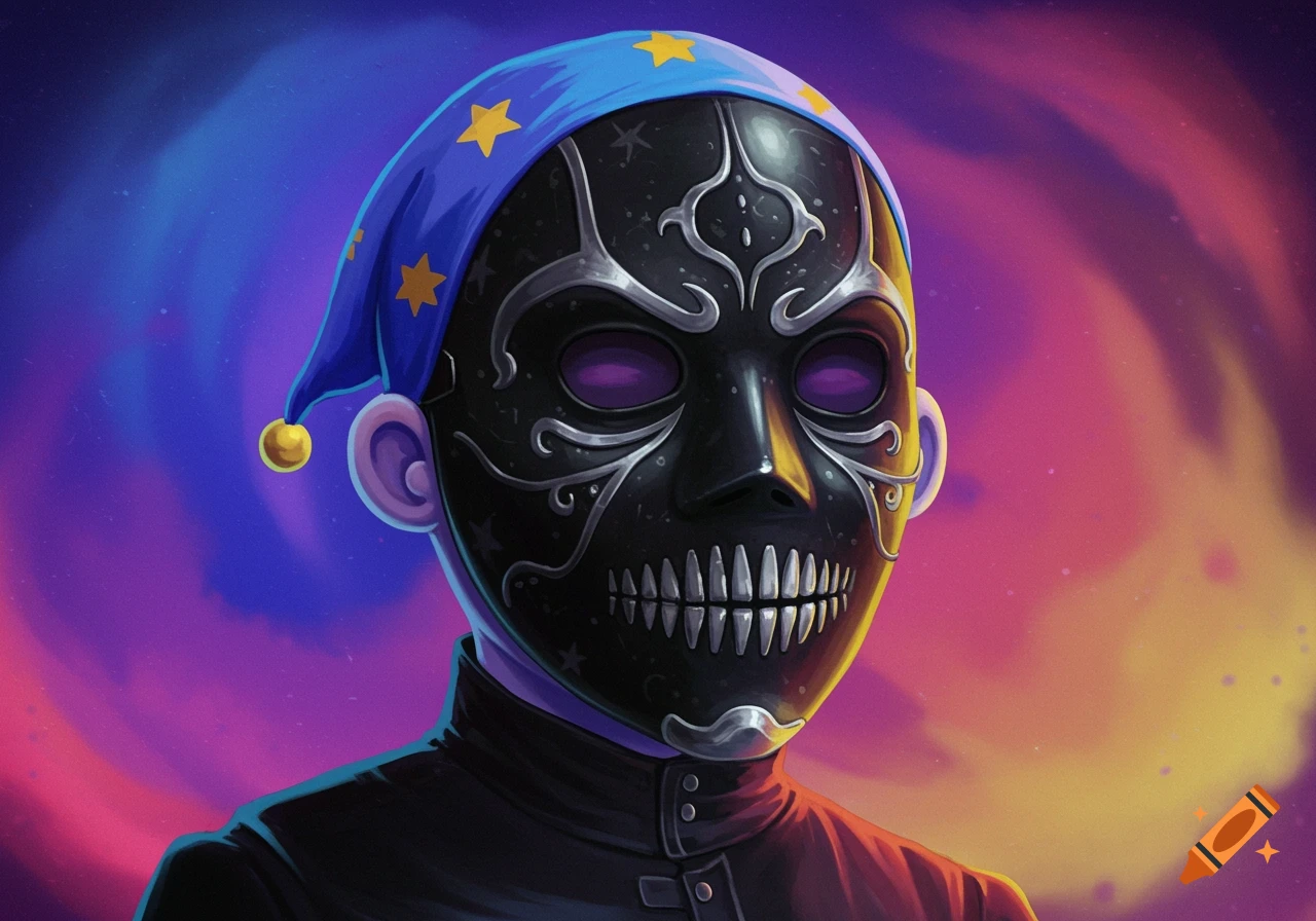 Portrait of a character wearing a black mask with sharp teeth and purple eyes, and a blue jester hat with stars, against a colorful background.