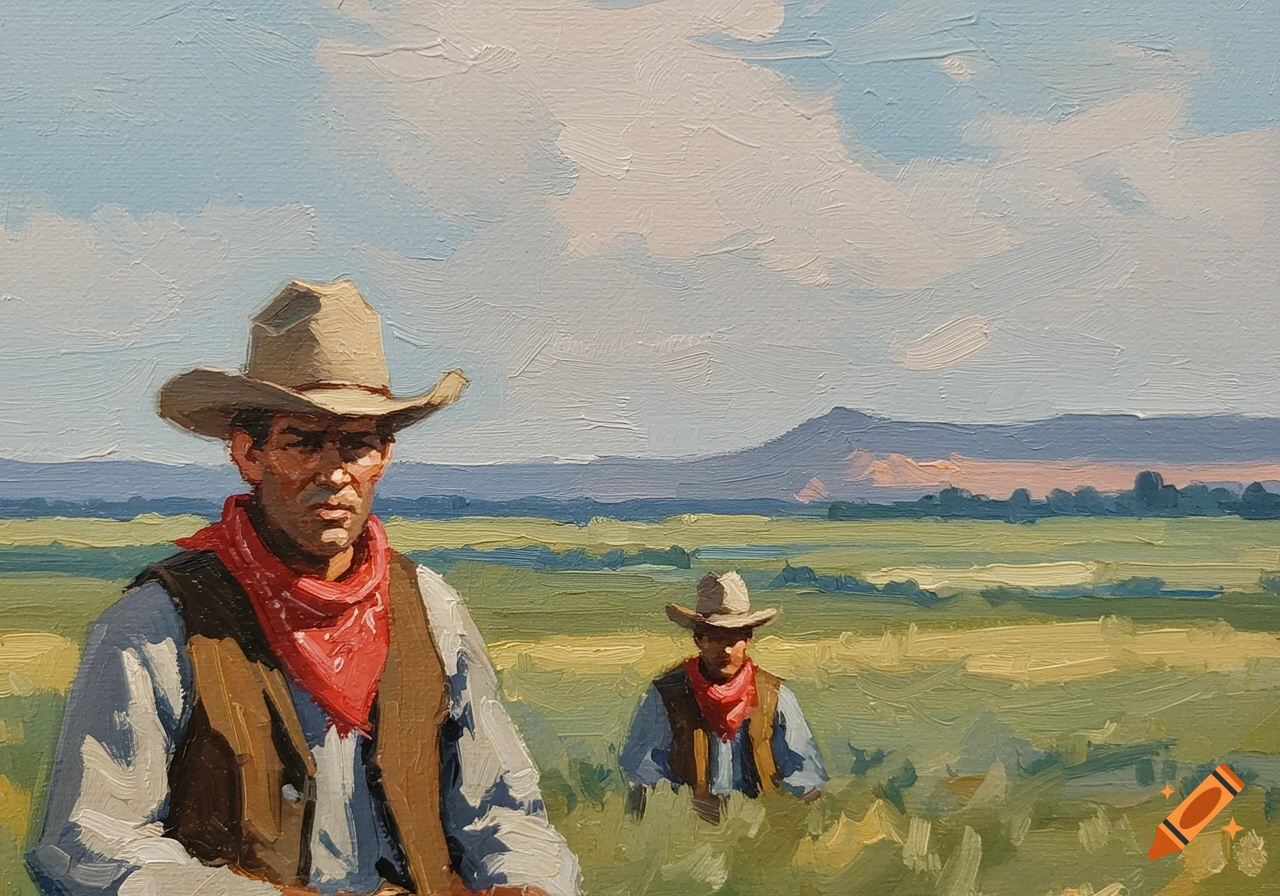 Oil painting of two cowboys in a grassy field