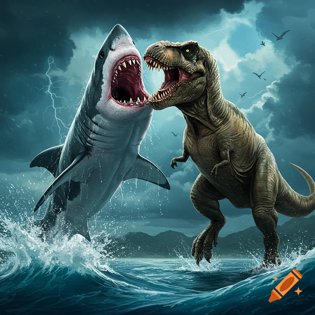 A great white shark jumps out of stormy water to confront a Tyrannosaurus Rex near the shore.