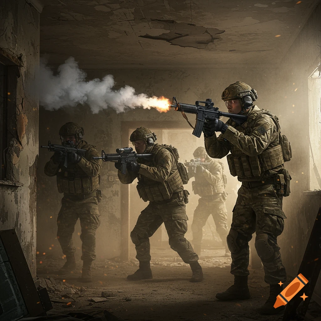 Modern soldiers clearing a building with assault rifles, muzzle flash and smoke visible.