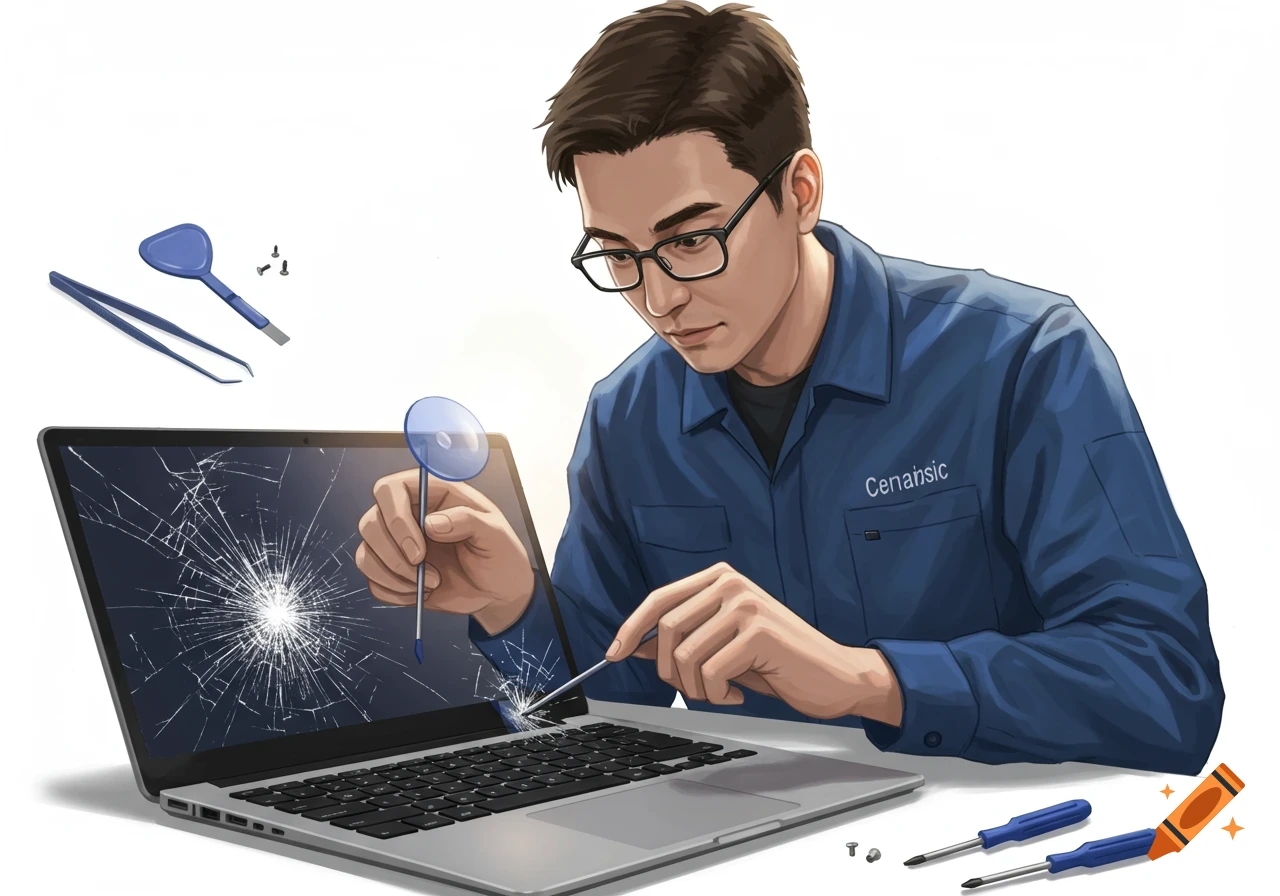 Illustration of a man with glasses repairing a laptop with a cracked screen using tools.