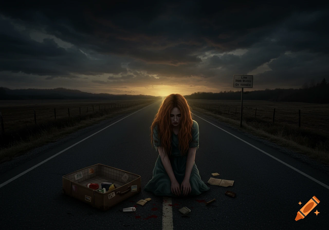 A sad woman kneels on a dark road beside a spilled suitcase at sunset