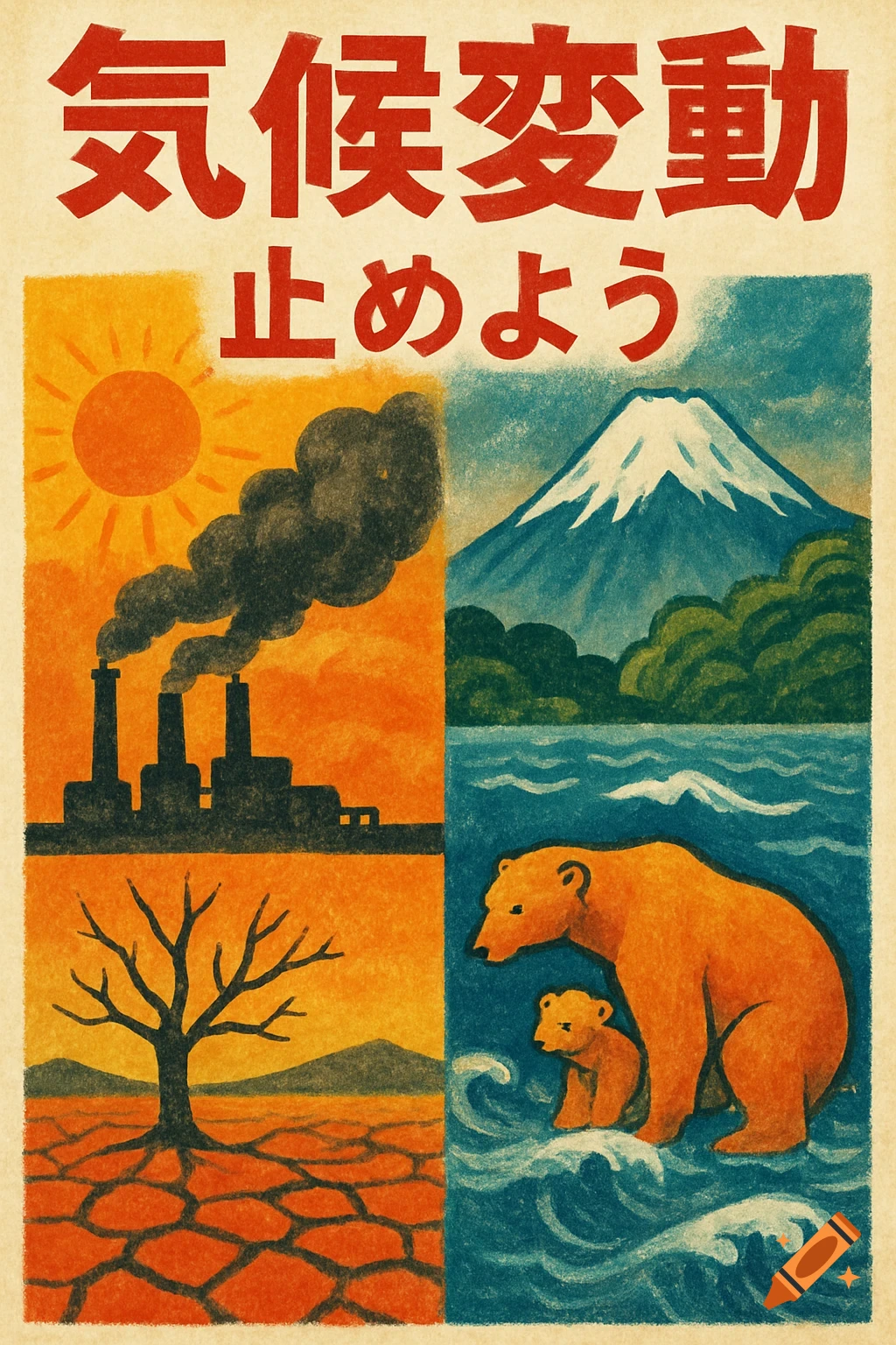 Japanese poster illustration with text 'Climate Change Let's Stop It'. Four panels show: factory smoke, mountain and water, dry cracked earth with dead tree, bears in water.