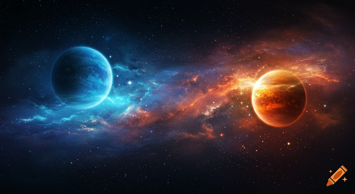 Two planets in space with glowing blue and orange nebulas